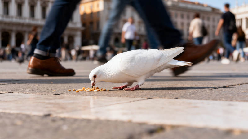 白鸽啄食 行人匆匆过广场图片