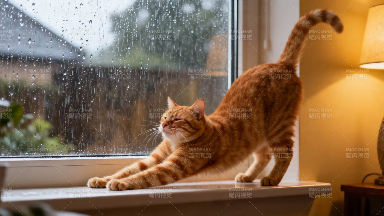 雨窗边 橘猫伸懒腰图片