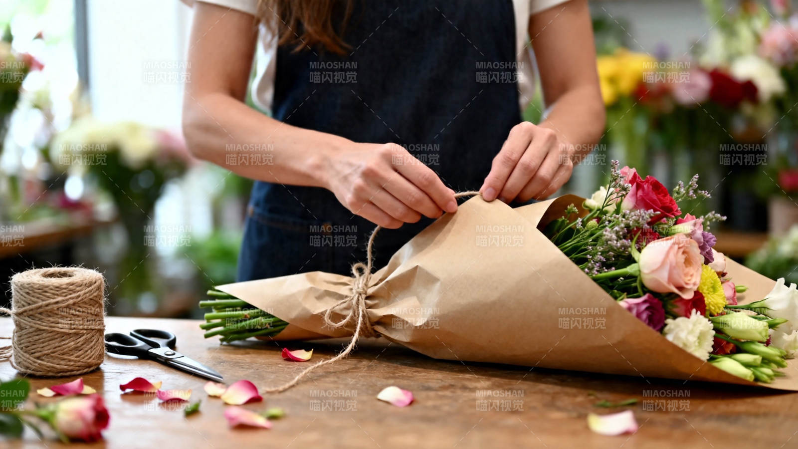 花艺师包装鲜花束图片