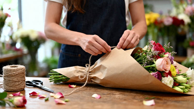 花艺师包装鲜花束图片