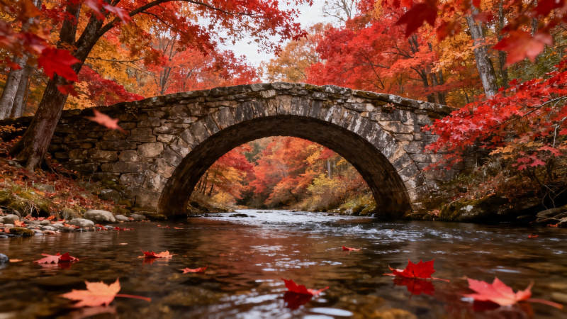 秋桥红叶映溪流图片