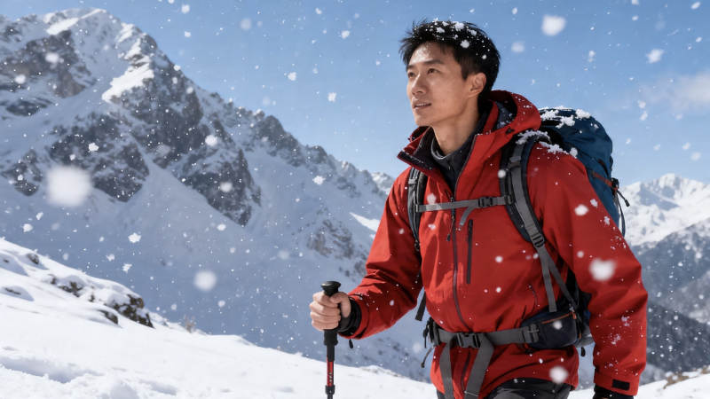 雪中登山者 红衣映雪山图片