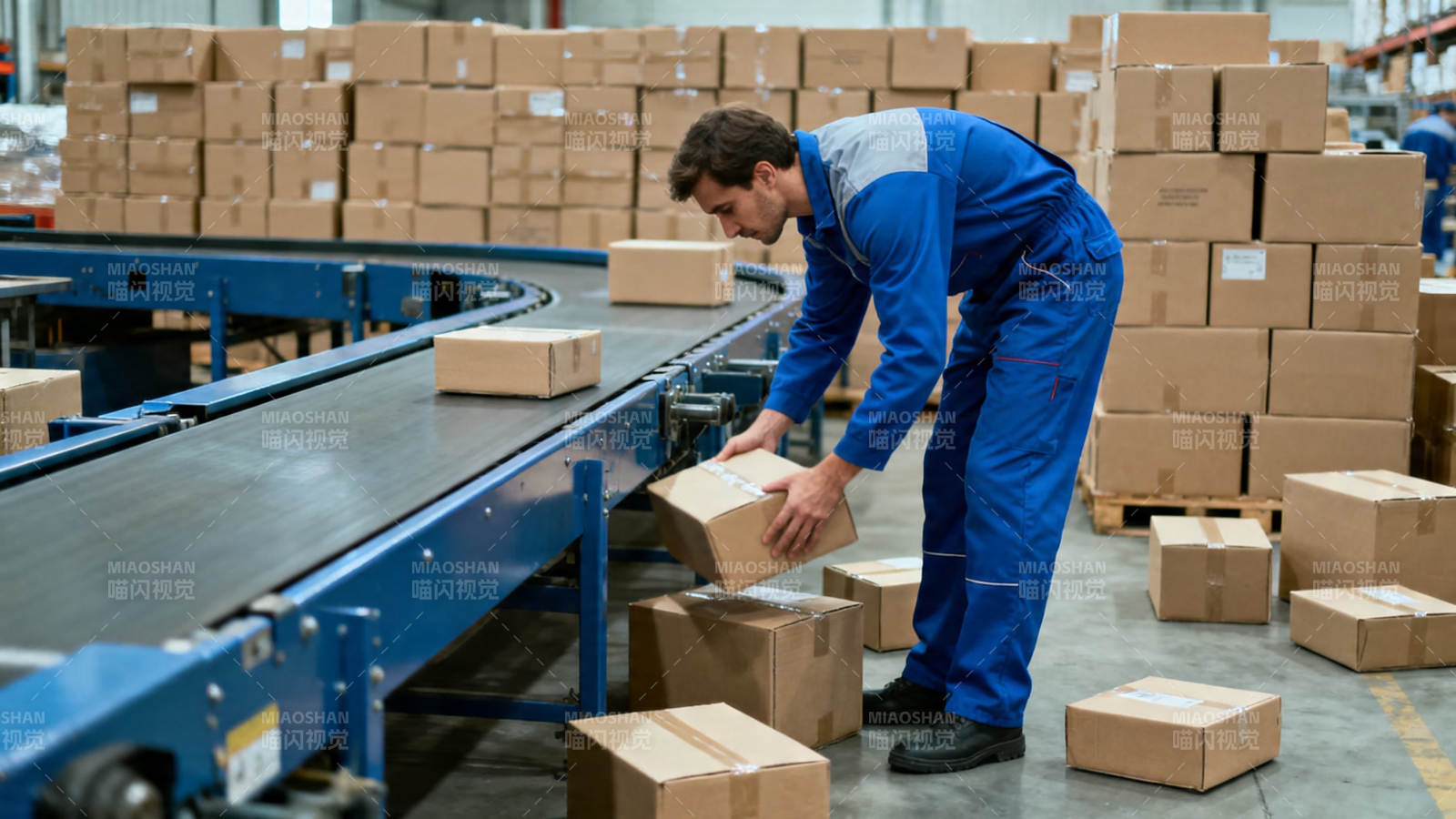 工人分拣传送带包裹图片