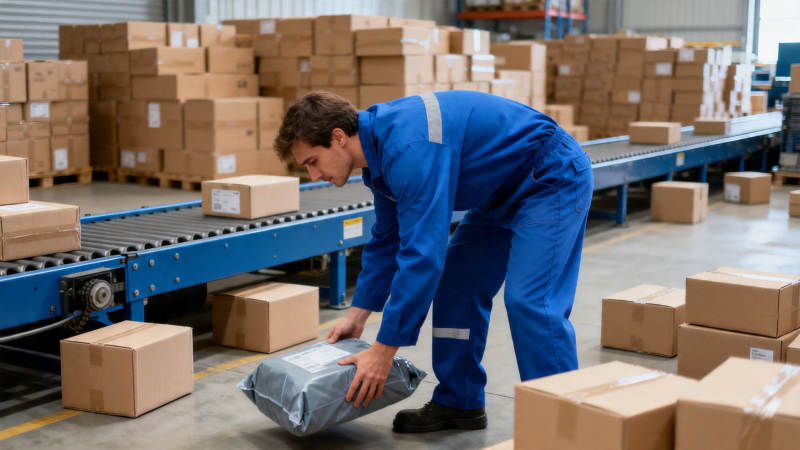 工人分拣包裹 仓库忙碌中图片