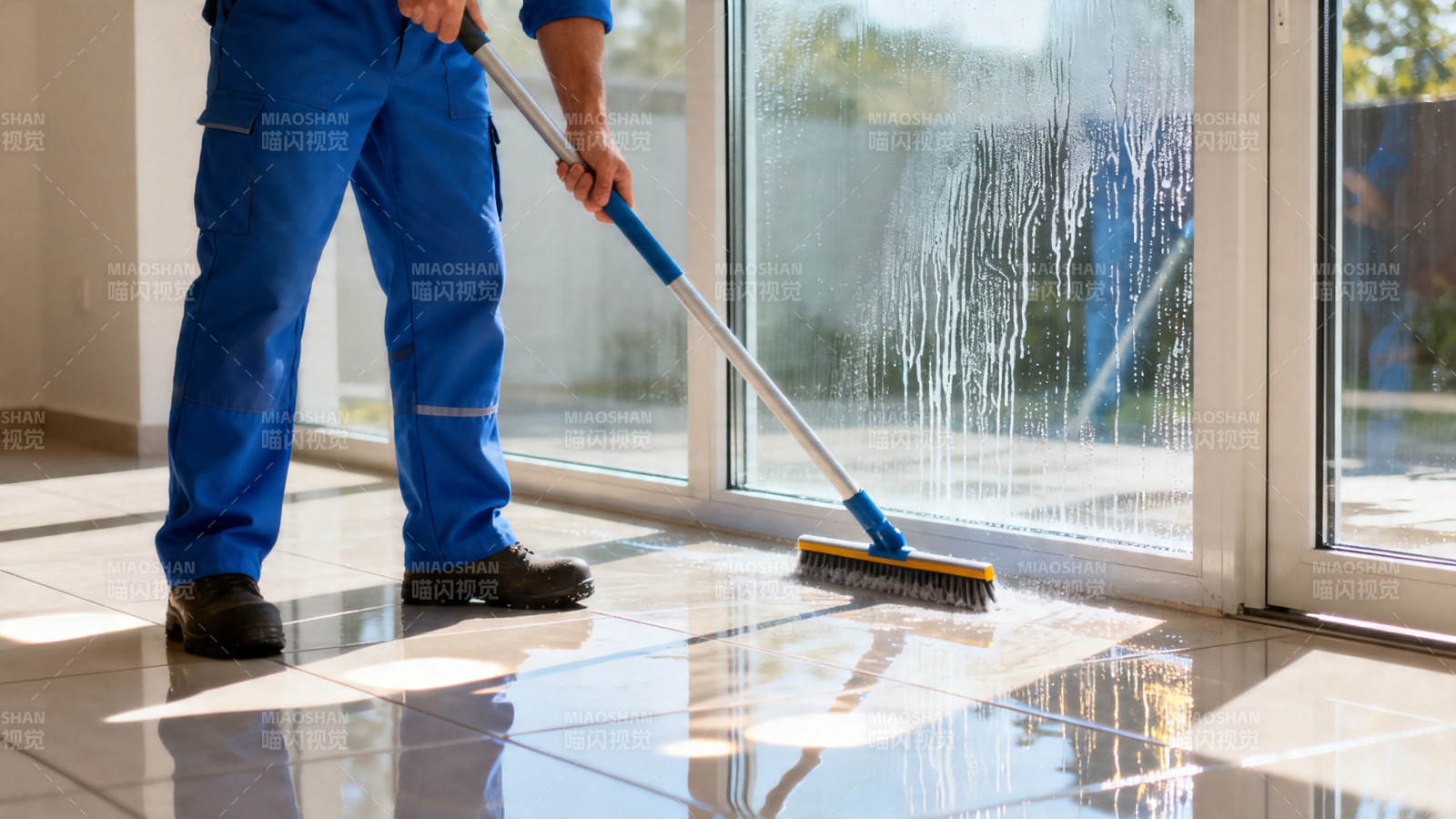 清洁工拖地 窗明几净图片