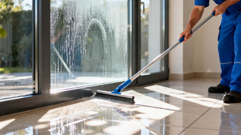 清洁工擦玻璃 地面反光亮图片