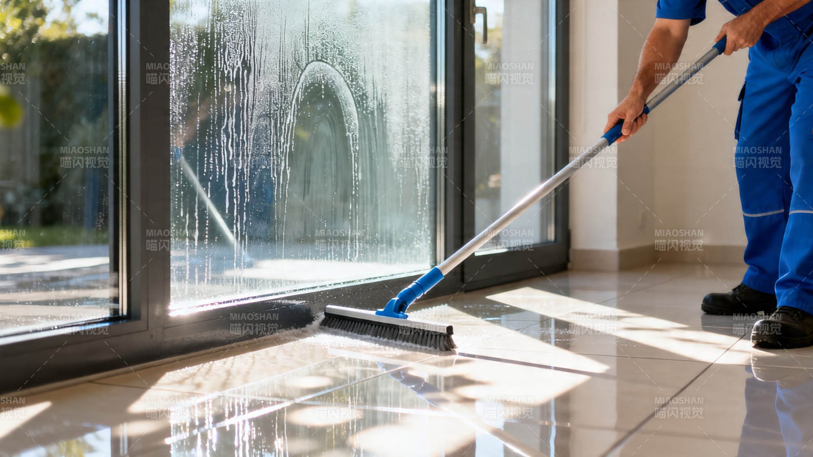 清洁工擦玻璃 地面反光亮图片