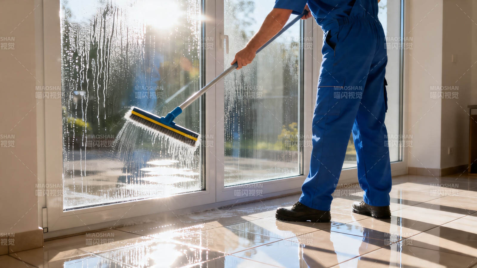 阳光下的窗边清洁工图片