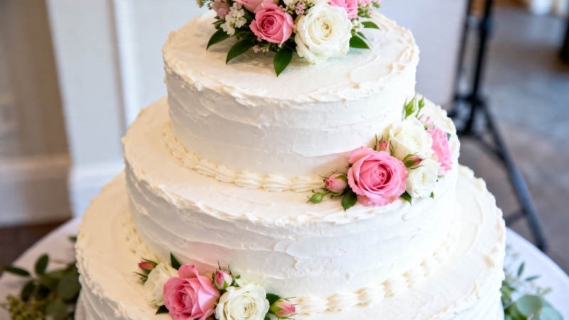 三层白蛋糕配粉白玫瑰图片