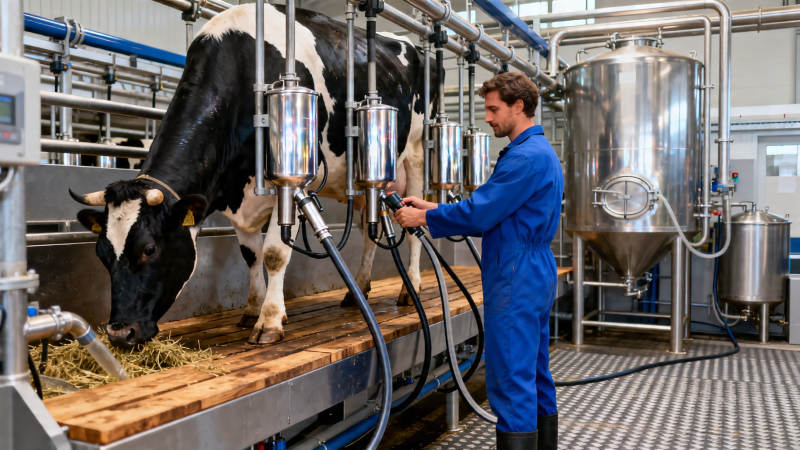 现代牧场 工人操作挤奶设备图片