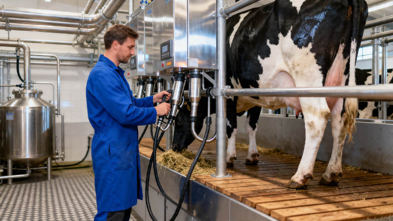 工人操作挤奶机为奶牛挤奶图片