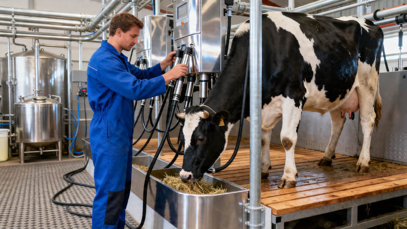 工人操作挤奶机为奶牛挤奶图片