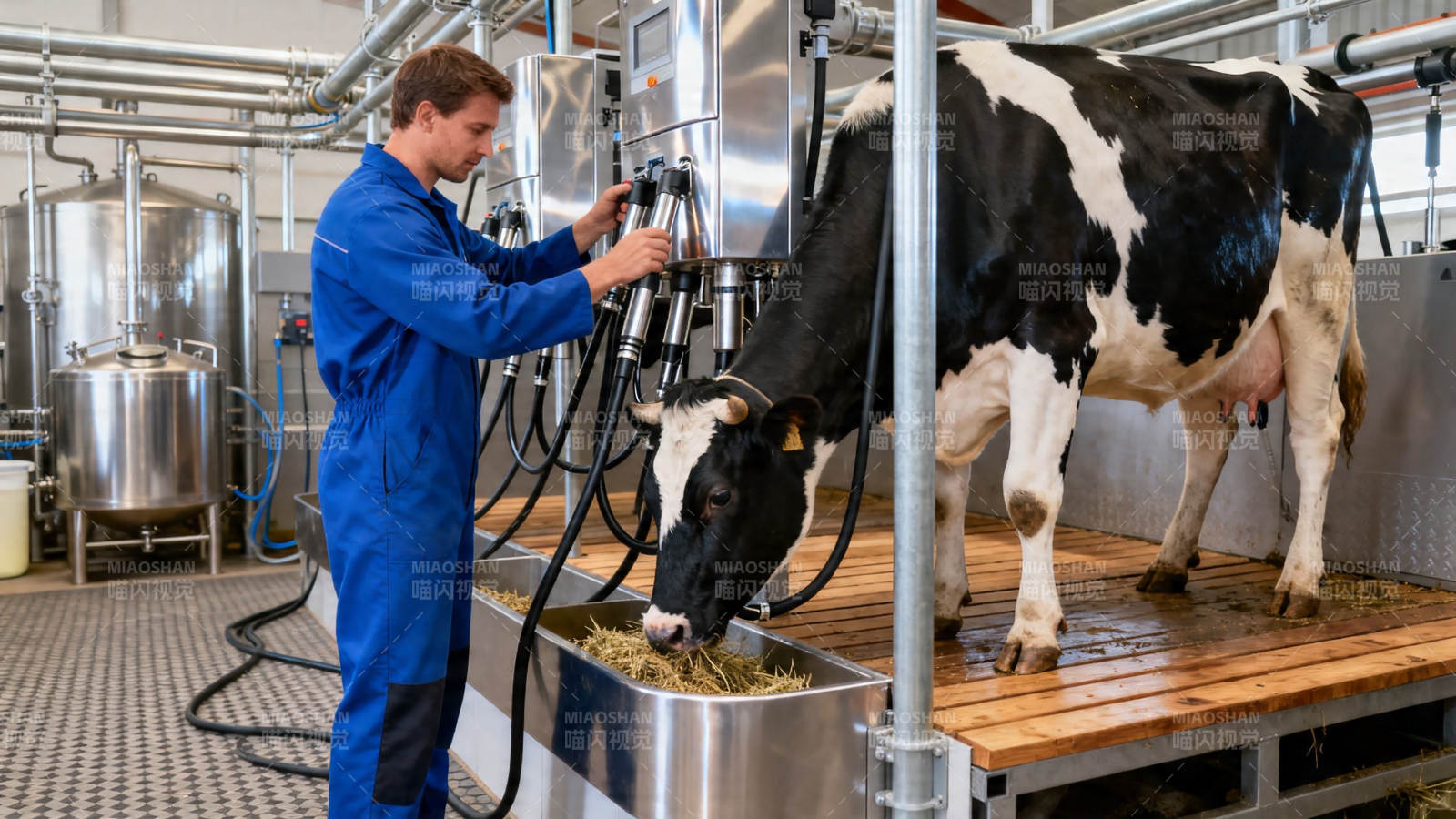 工人操作挤奶机为奶牛挤奶图片