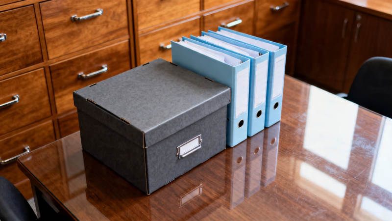 办公桌文件盒与蓝色文件夹图片