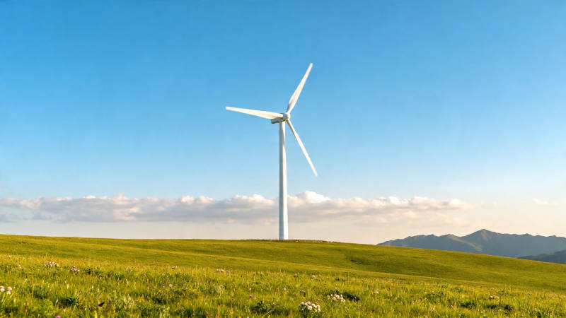 风车矗立绿野蓝天间图片