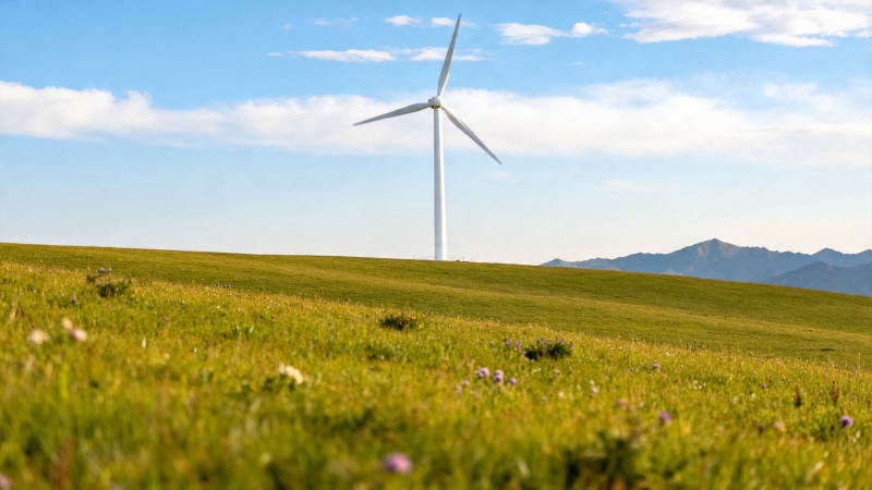 风车矗立绿野蓝天间图片