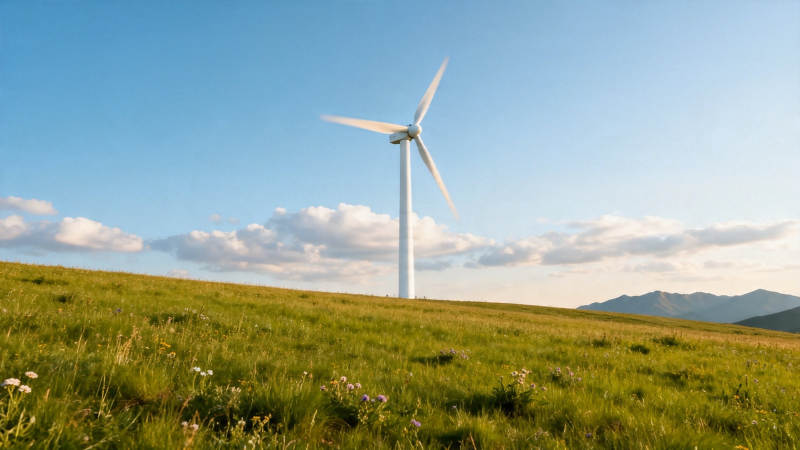 风车矗立绿野蓝天间图片