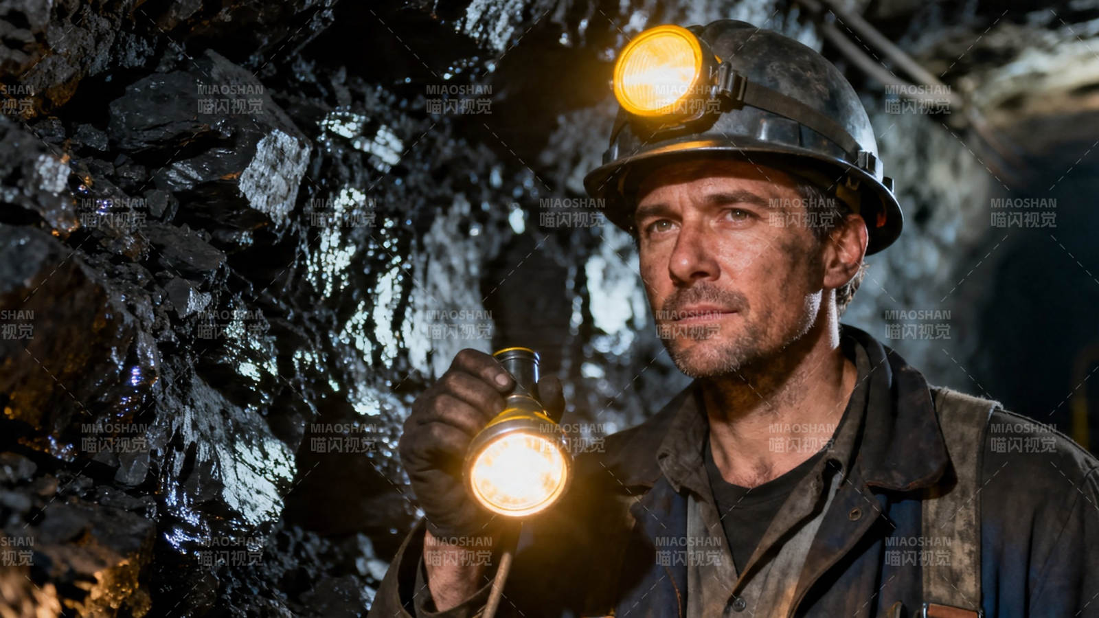 矿工头灯照亮黑暗矿井图片