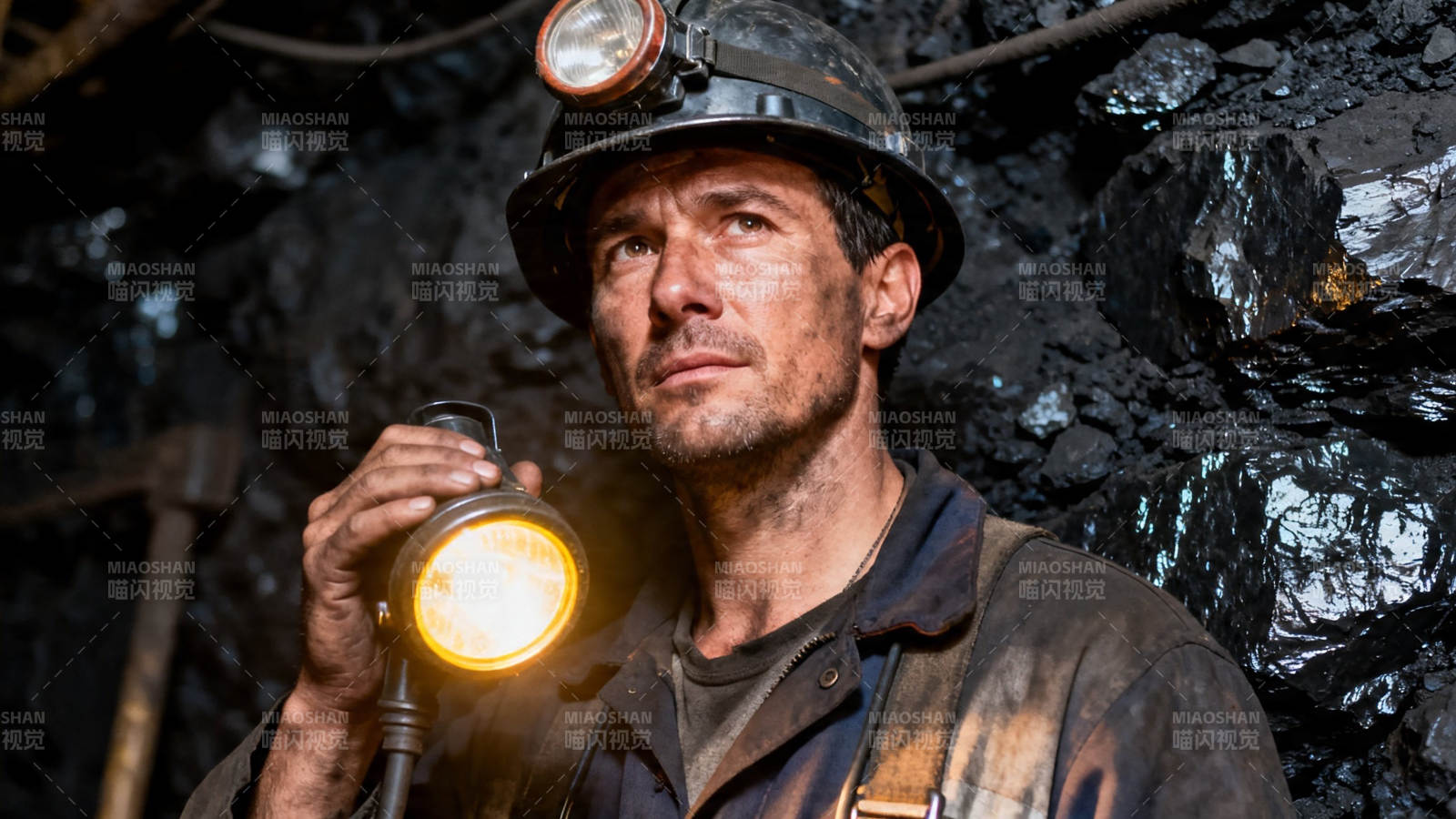 矿工持灯凝视前方图片