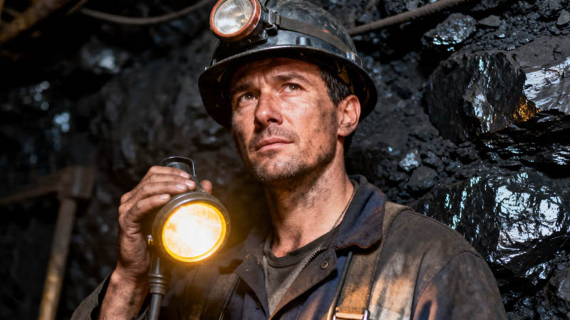 矿工持灯凝视前方图片