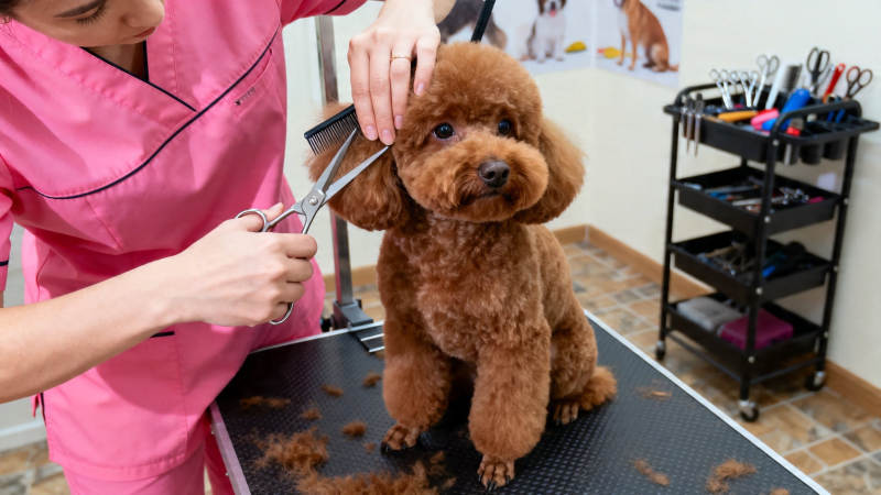 粉衣美容师修剪泰迪犬图片