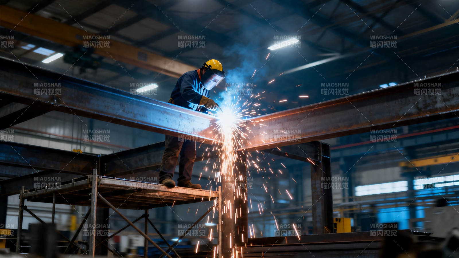 焊工火花四溅作业中图片