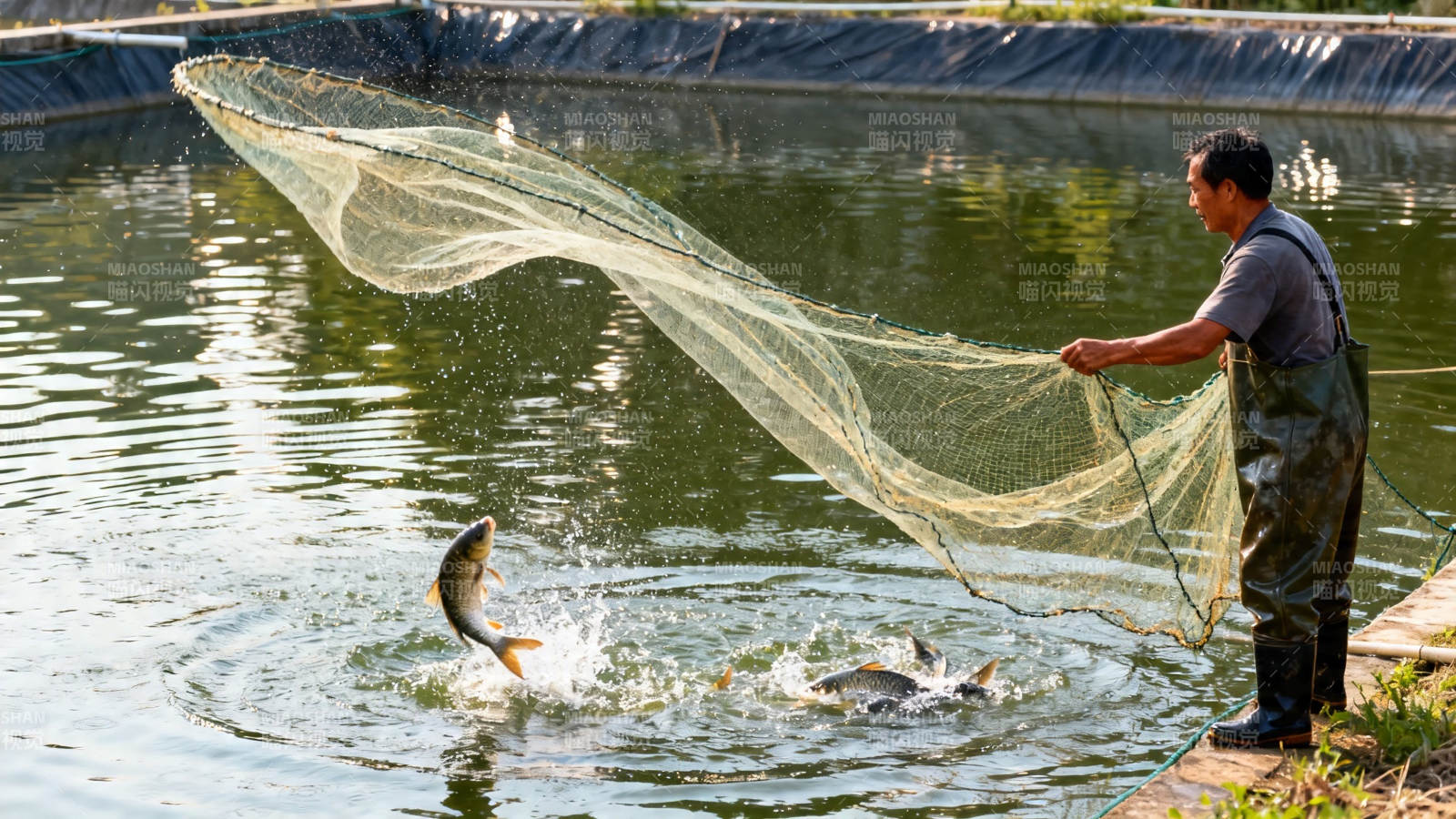 渔夫撒网捕鱼 鱼跃水面图片
