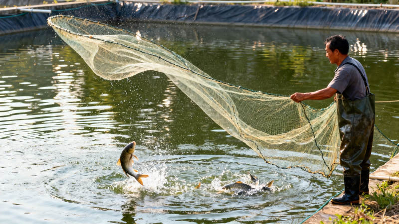 渔夫撒网捕鱼 鱼跃水面图片