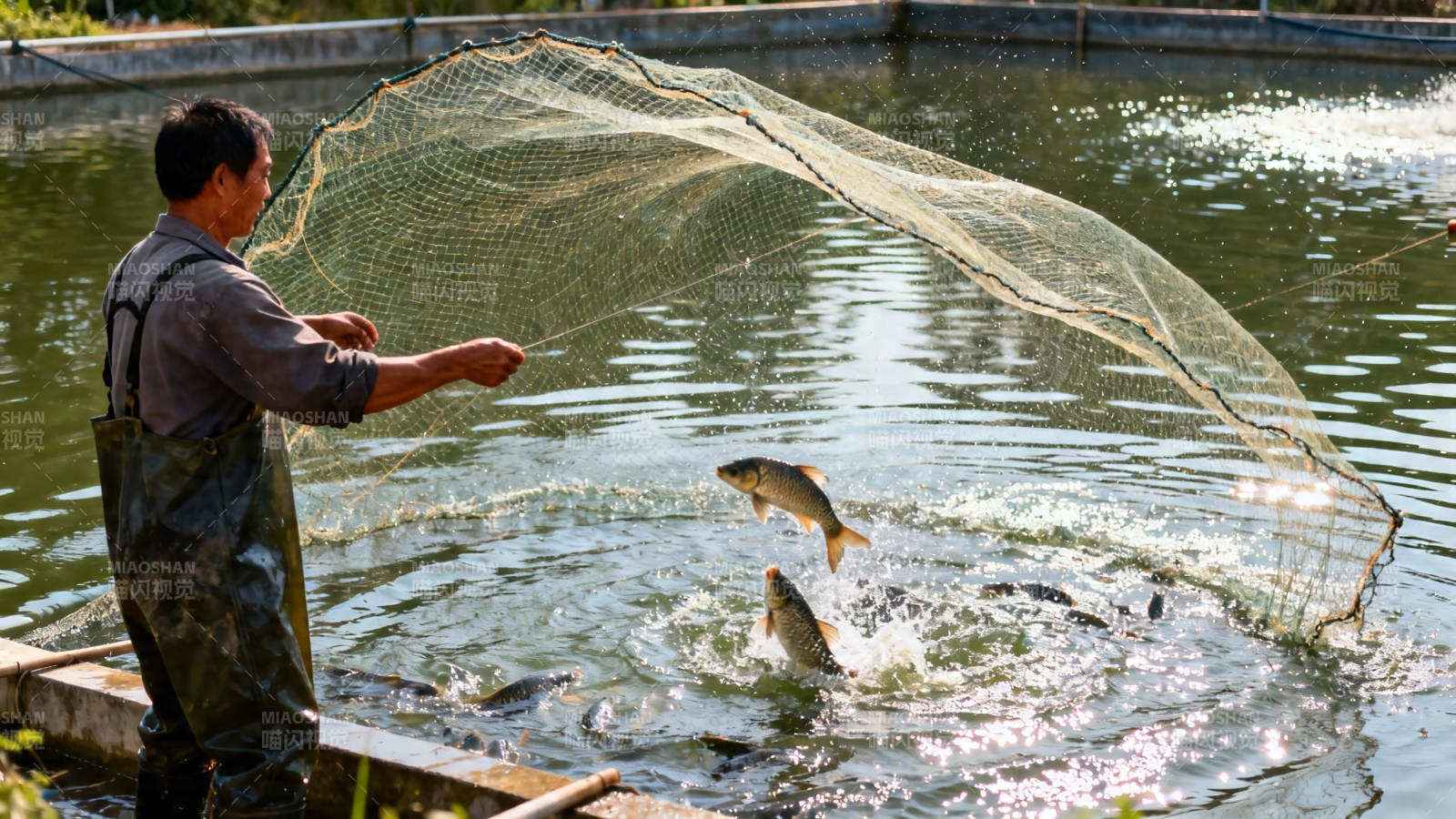 渔夫撒网捕鱼瞬间图片