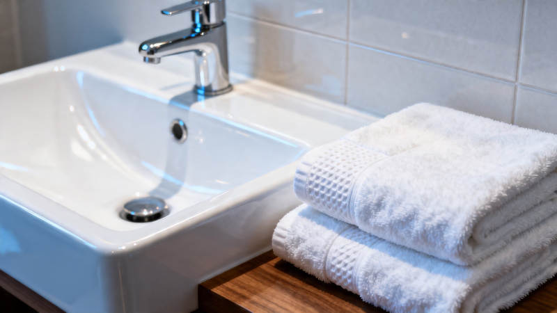 洁净洗手台配白毛巾图片