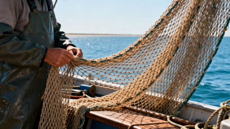 渔民修补渔网 海面波光粼粼图片