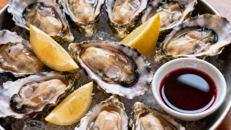 生蚝配柠檬与蘸酱图片