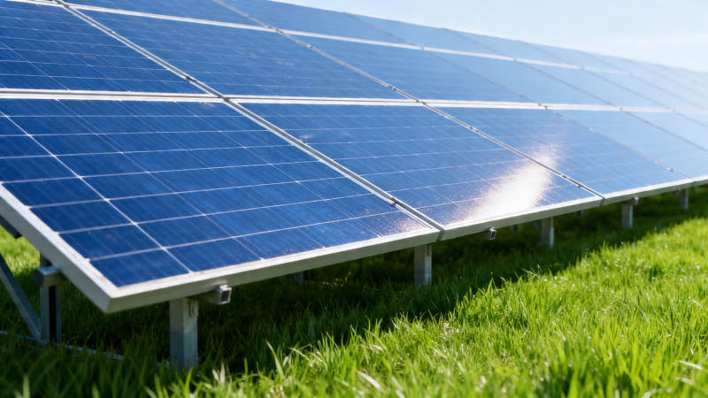 太阳能板绿草映蓝天图片