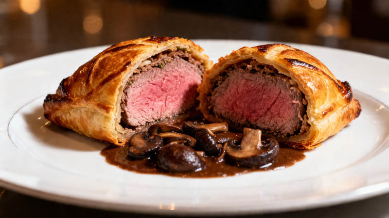 酥皮包裹的粉红牛肉卷图片