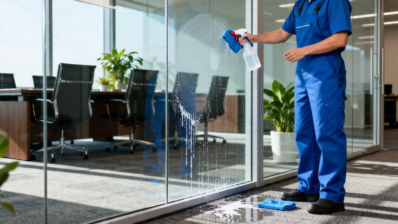 保洁员清洁玻璃门图片