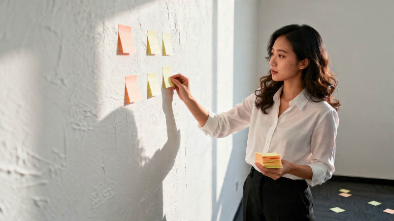 女子贴便签规划工作图片