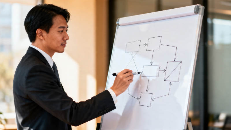商务男士白板讲解流程图图片