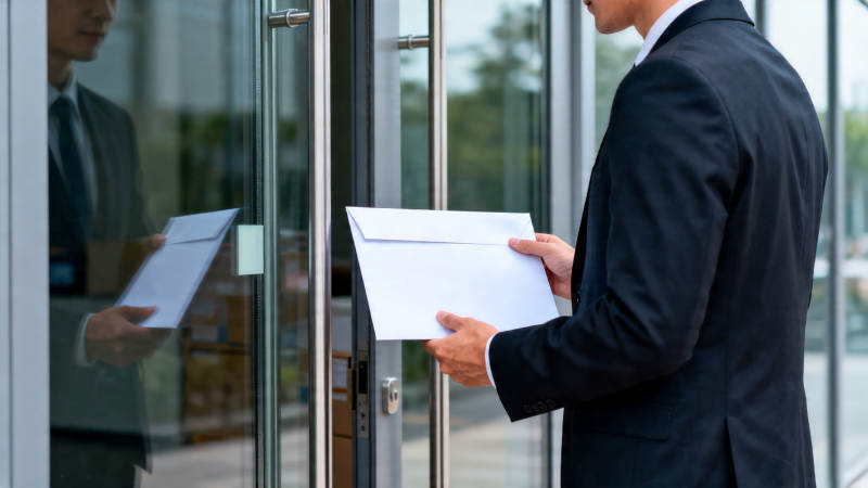 商务男士持信封立于玻璃门前图片