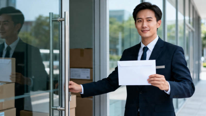 西装男持信开门微笑图片