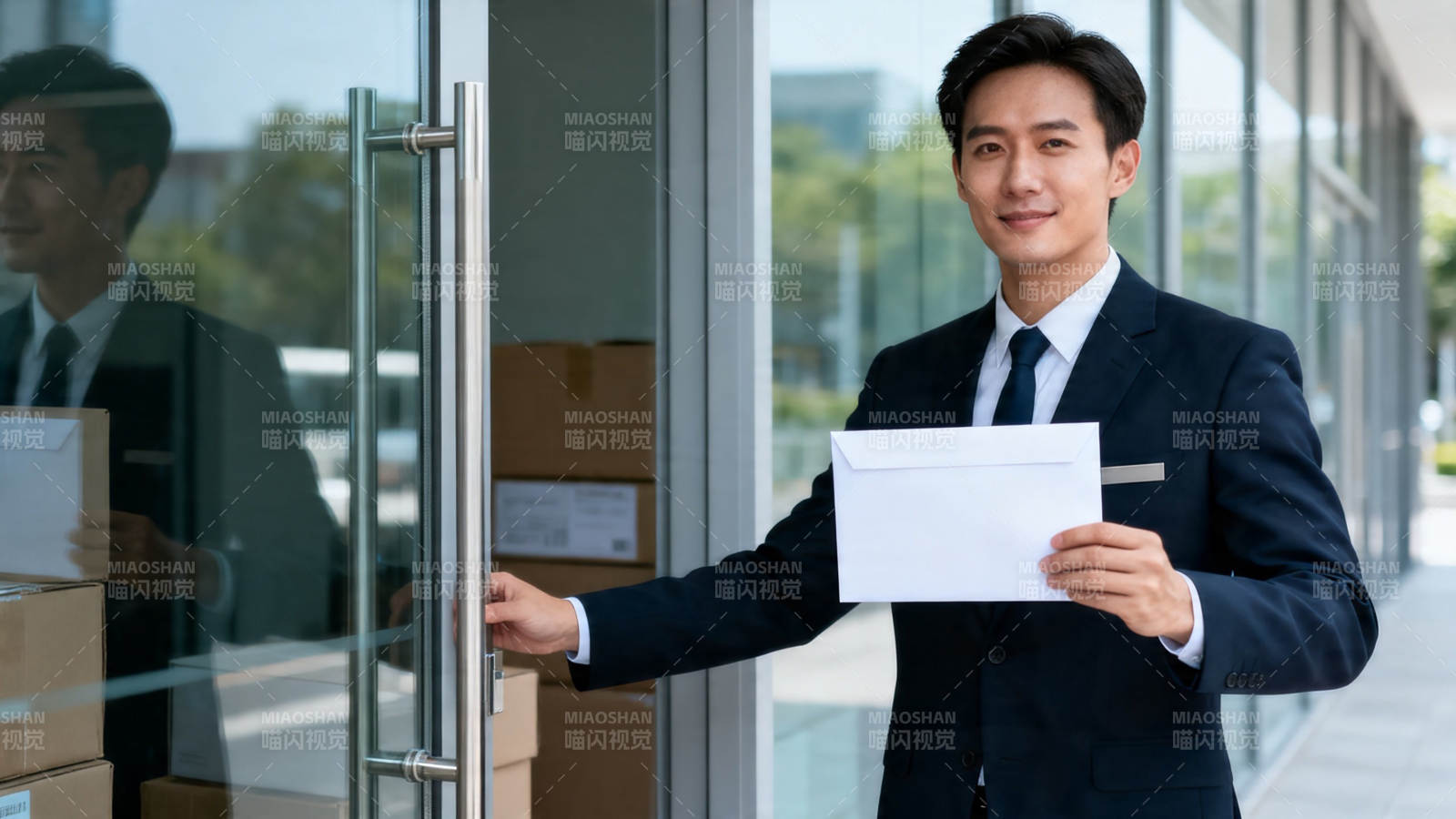 西装男持信开门微笑图片