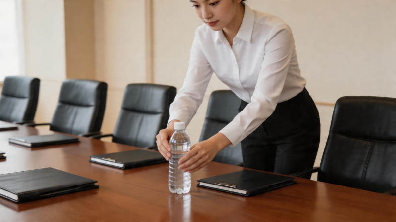 会议桌前摆放矿泉水图片