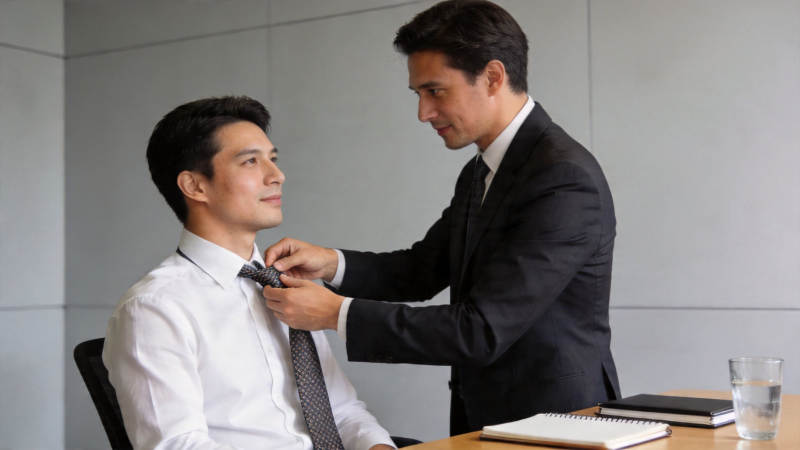 同事帮整理领带 职场互助瞬间图片