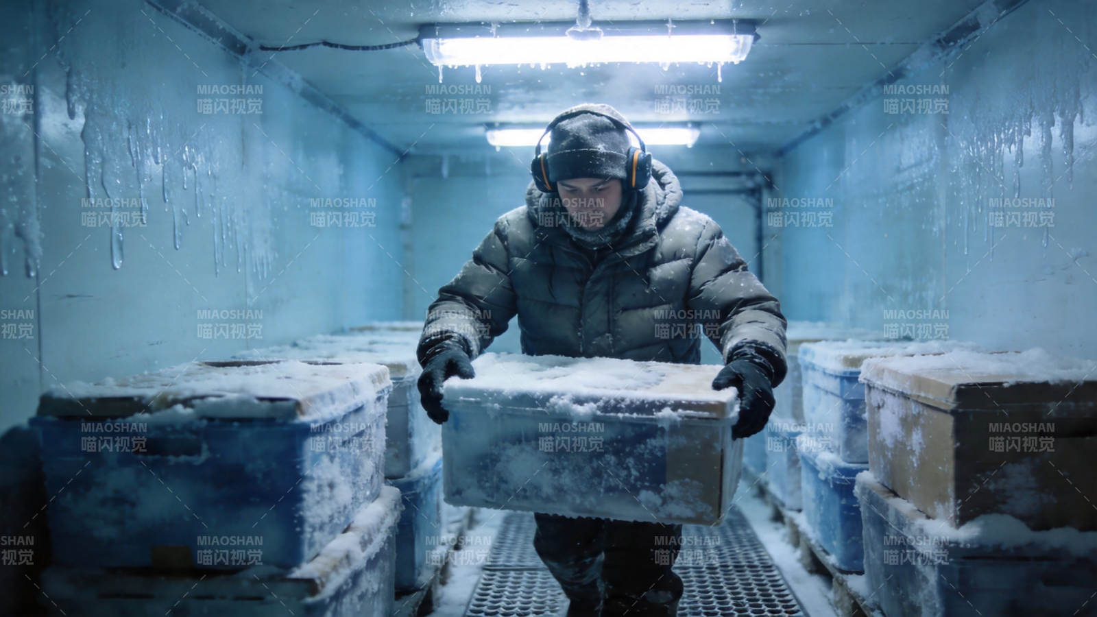 冷库工人搬运冰霜货箱图片