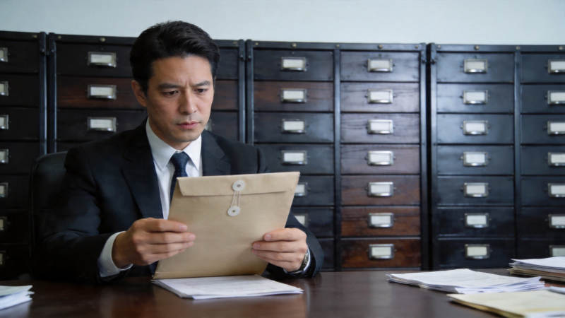 男子审阅档案袋图片