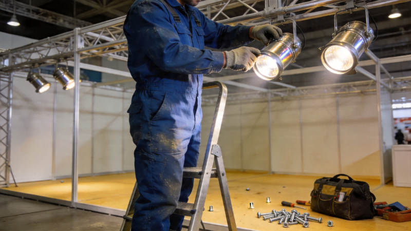 工人安装舞台射灯图片