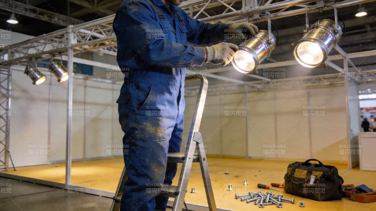 工人安装舞台射灯图片