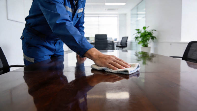清洁工擦拭会议桌图片