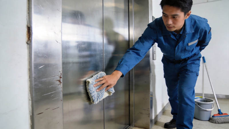 保洁员擦拭电梯门图片