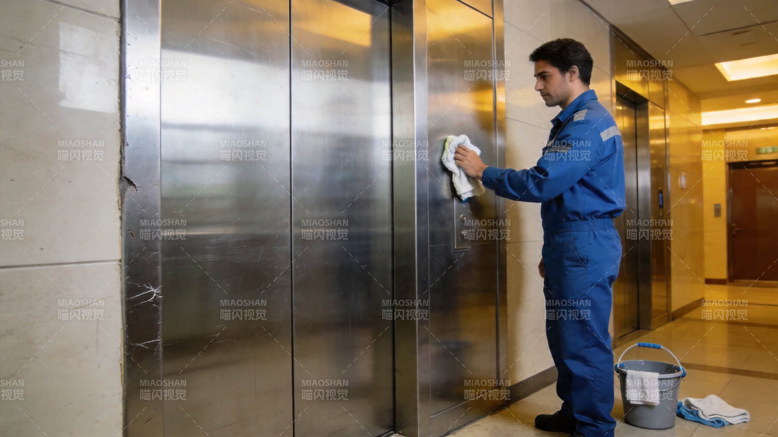 保洁员擦拭电梯门图片
