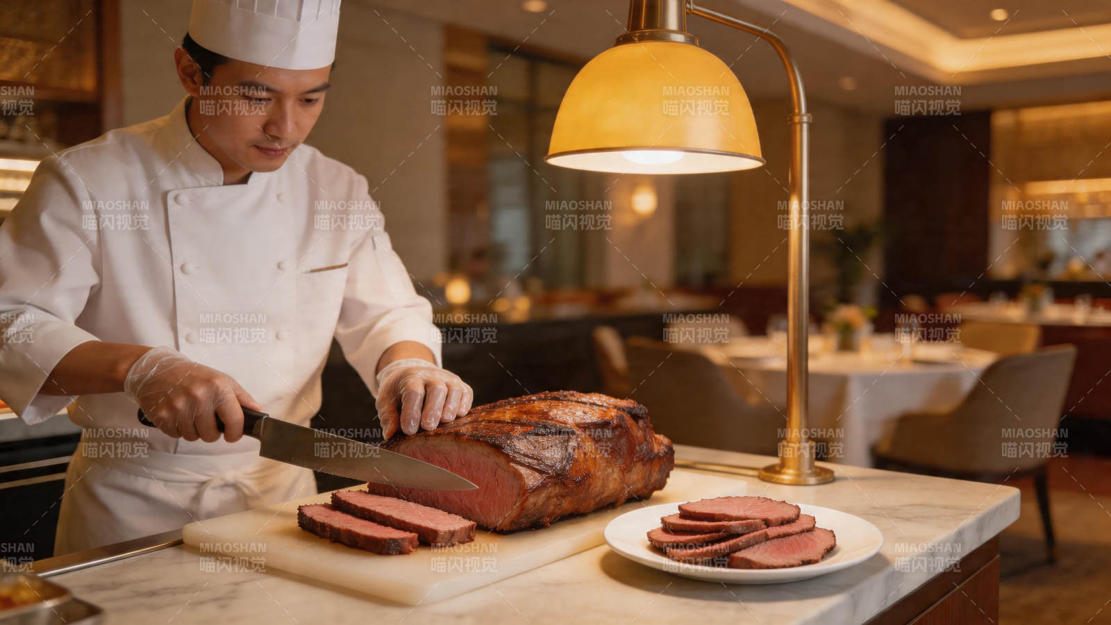 厨师切烤牛肉 灯光温馨图片